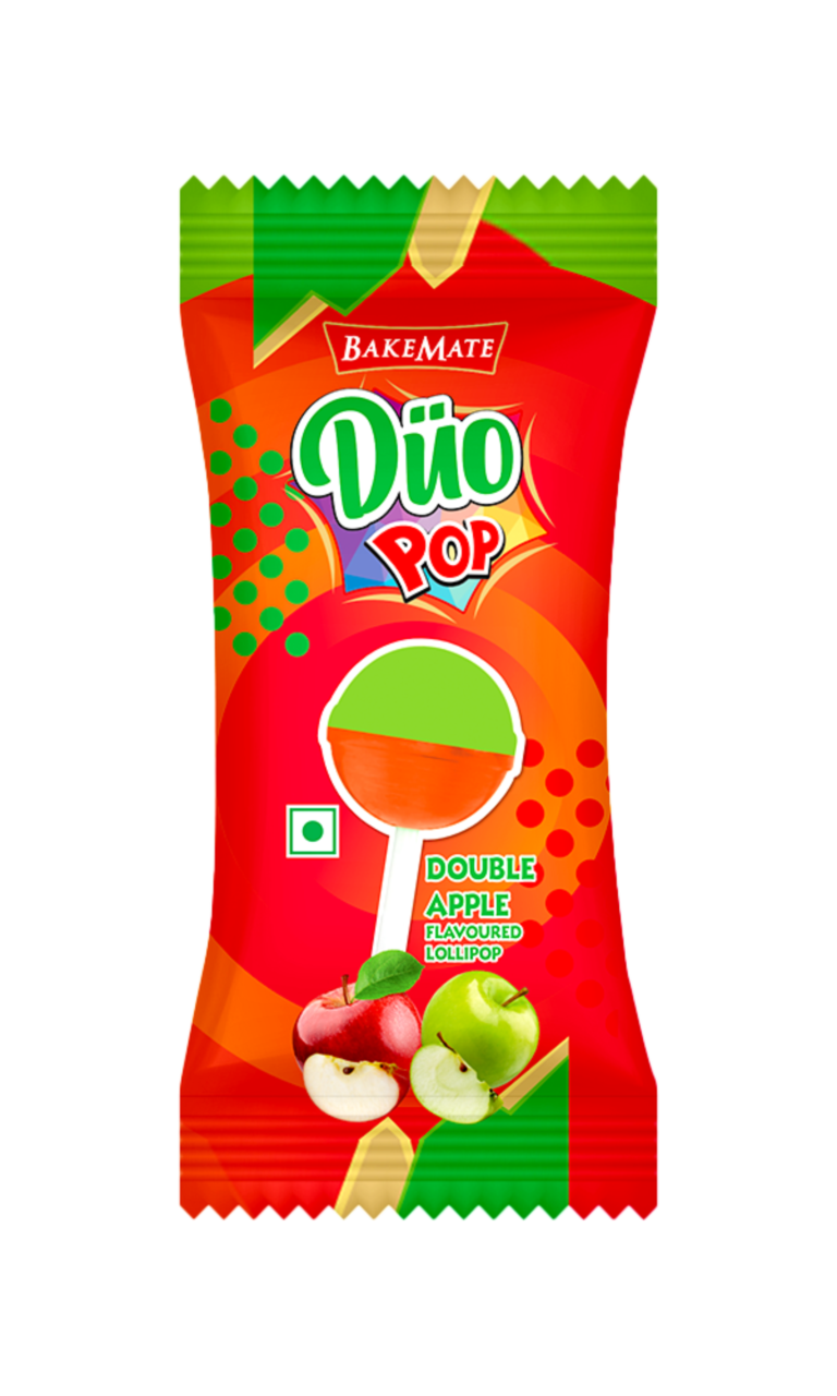 BakeMate Duo Pop assorted flavoured lollipops includes green and red apple, Raw mango flavour, Blue and blackberry flavour, create a website content using keywords like assorted lollipop, Flavored lollipop, Fruit Flavored Lollipops, Mango Flavored Lollipop