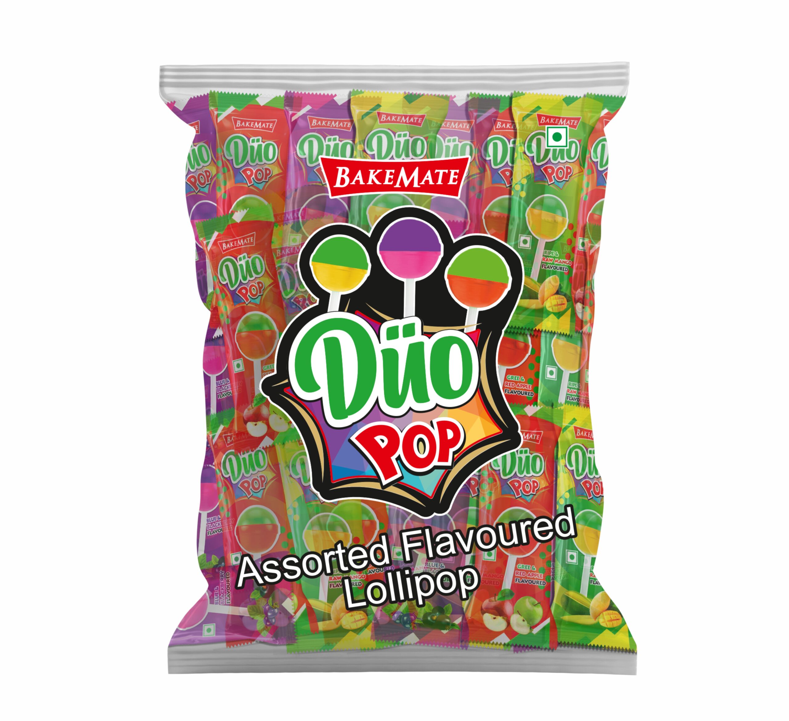 BakeMate Duo Pop assorted flavoured lollipops includes green and red apple, Raw mango flavour, Blue and blackberry flavour, create a website content using keywords like assorted lollipop, Flavored lollipop, Fruit Flavored Lollipops, Mango Flavored Lollipop